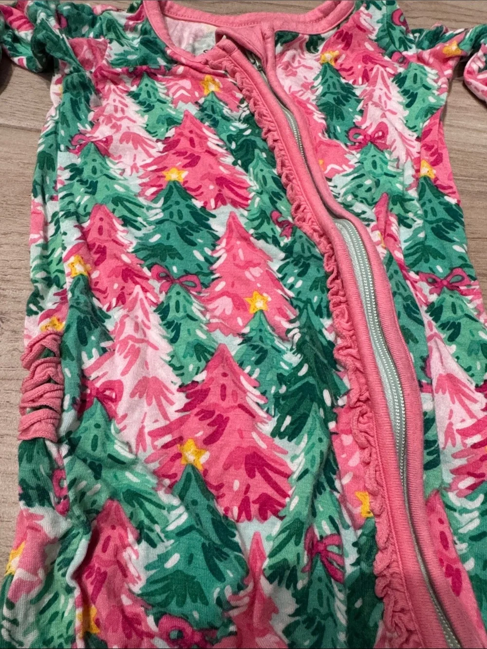 RuffleButts Ruffle One Piece Footie Pajama, Bamboo Viscose Pink Jolly Grove 6-12